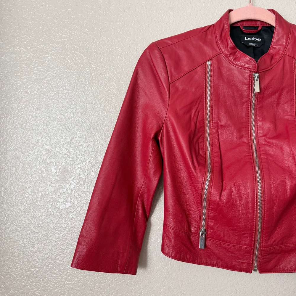 Bebe Leather Jacket Womens Red XS Cropped Moto Biker 3/4 Sleeve Scooter Y2K - Picture 4 of 11